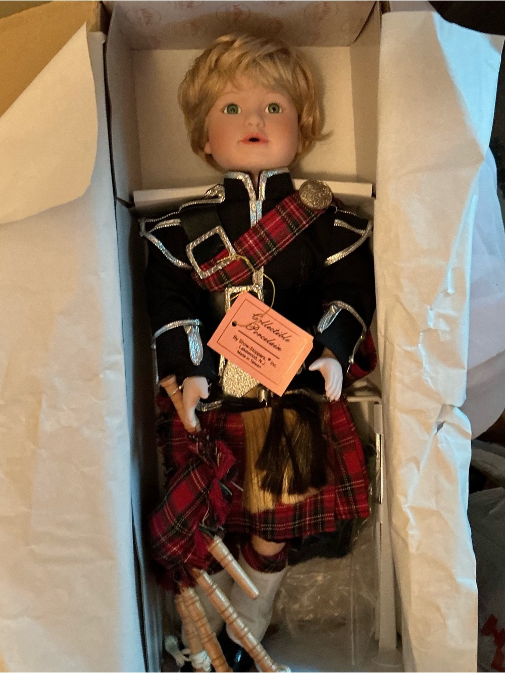 Collector Porcelain Highland Piper Doll in Red Tartan Outfit